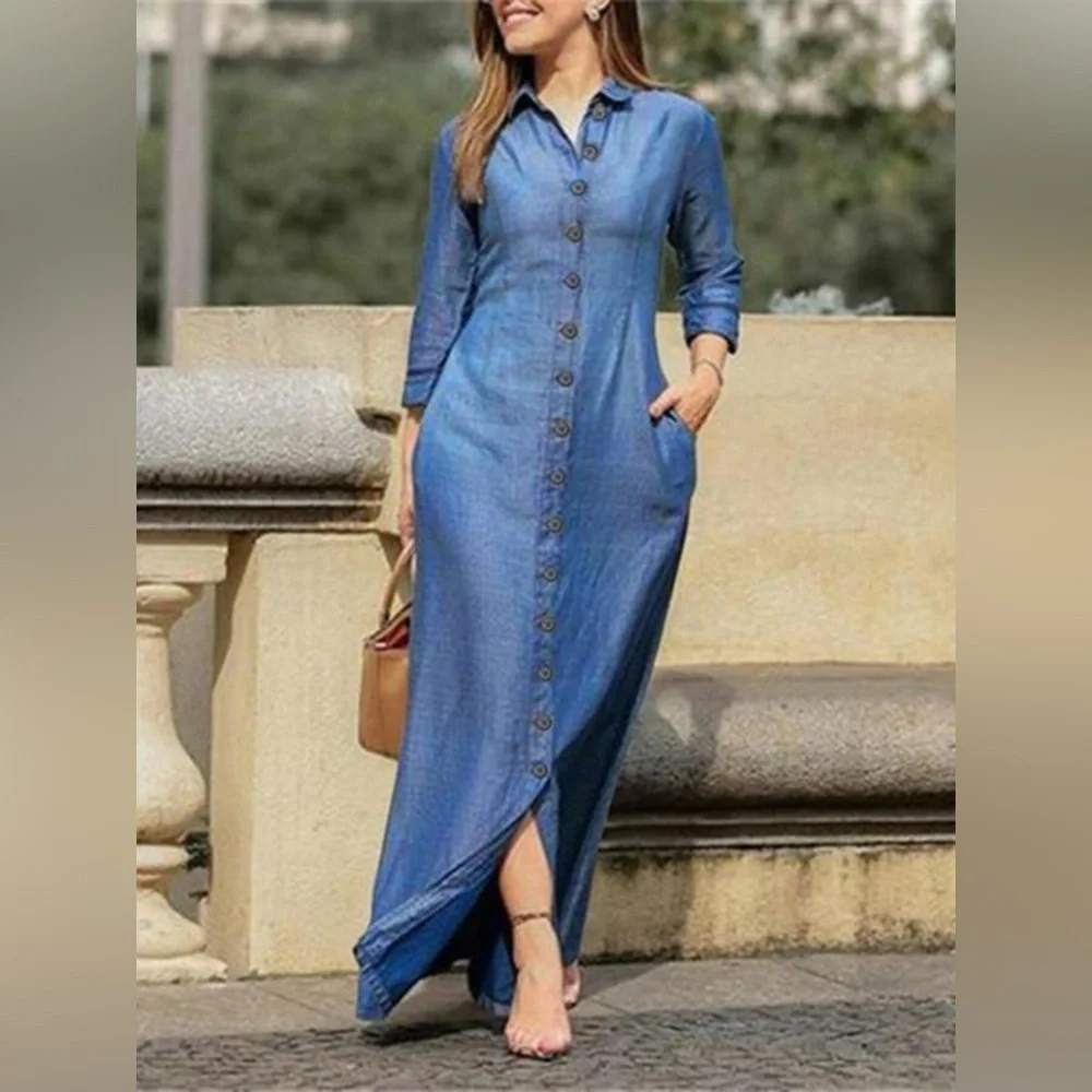 Full Size Button-Down Maxi Denim Dress Plus Size